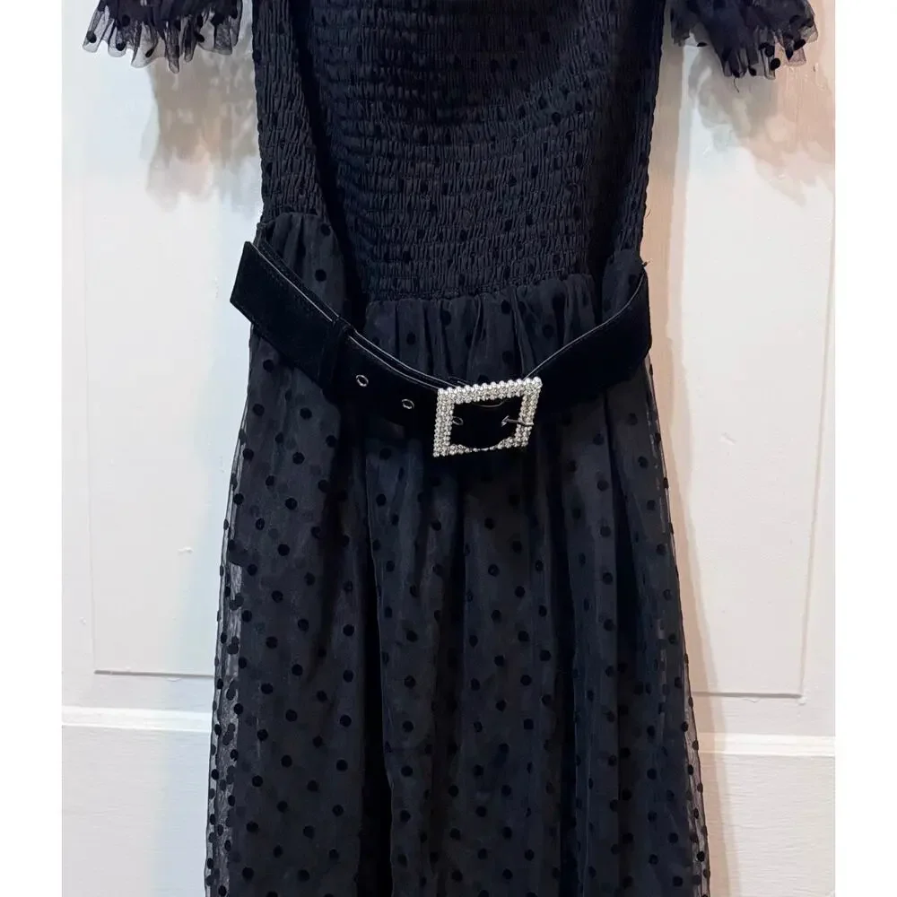 NWT Rebecca Vallance Black Sheer Tulle Belted Bodysuit Midi Tiffani Dress Size 8 - Picture 4 of 16